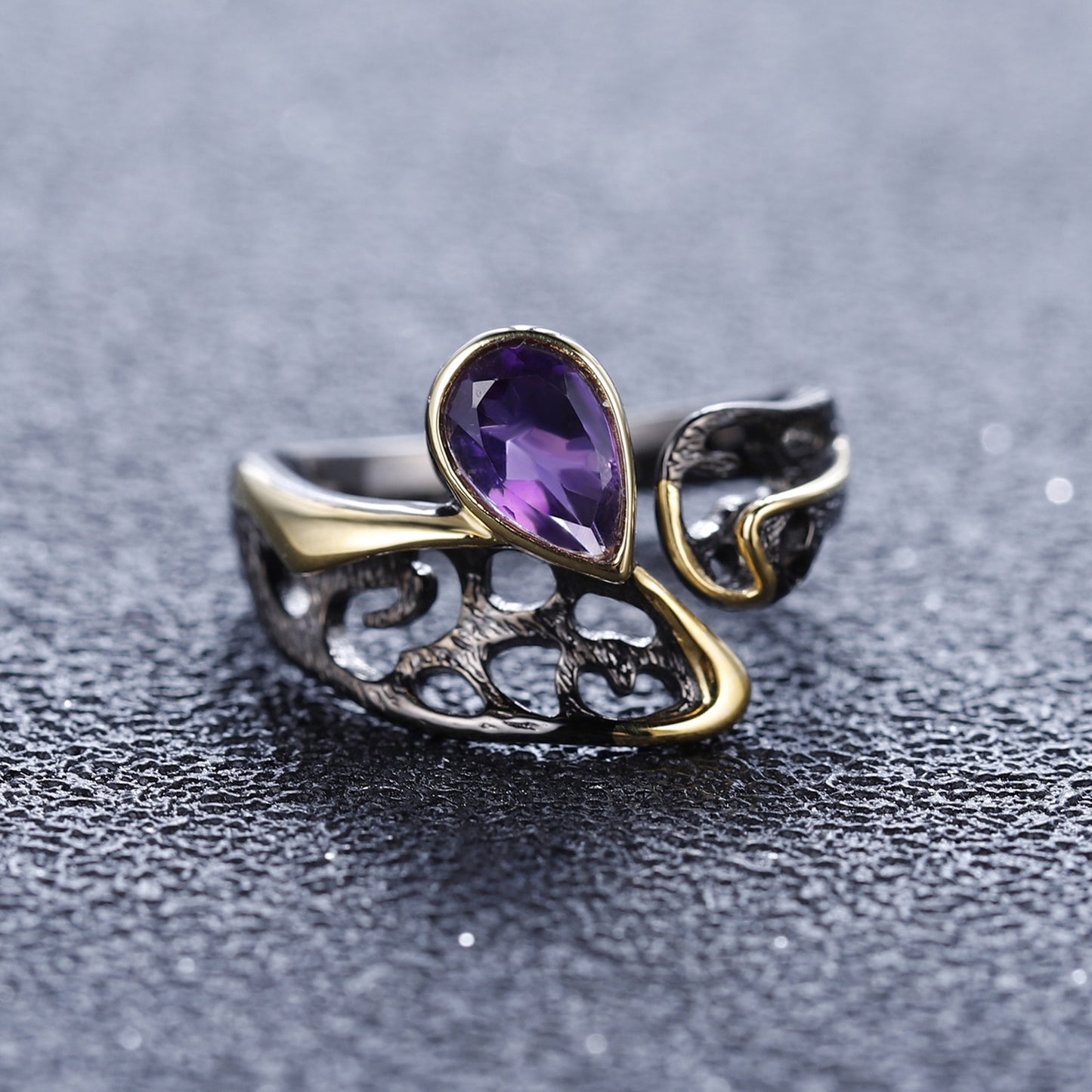Designer Gemstone Inlaid Open Ring Vintage Style High-End Design925Silver Natural Amethyst Ring