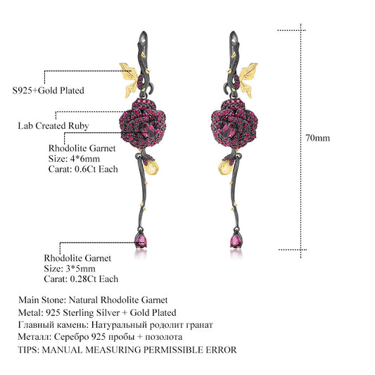 Secret Garden Designer Earrings Natural Rose Design s925Silver Natural Gemstone Earrings Luxurious