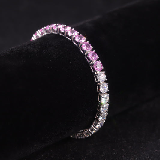 ins Moissanite Bracelet3/4/5mm Color Block Tennis Chain s925Sterling Silver Cultivated Sapphire Pink Bracelet