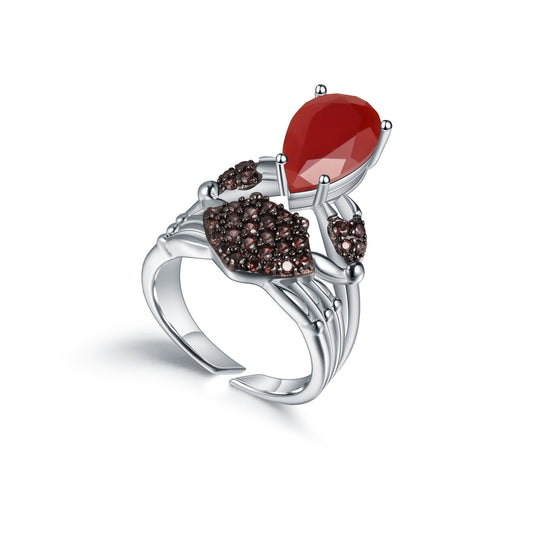Original Design Red Agate Ring Adjustable Crab Design Niche Design s925Silver natural gemstone ring