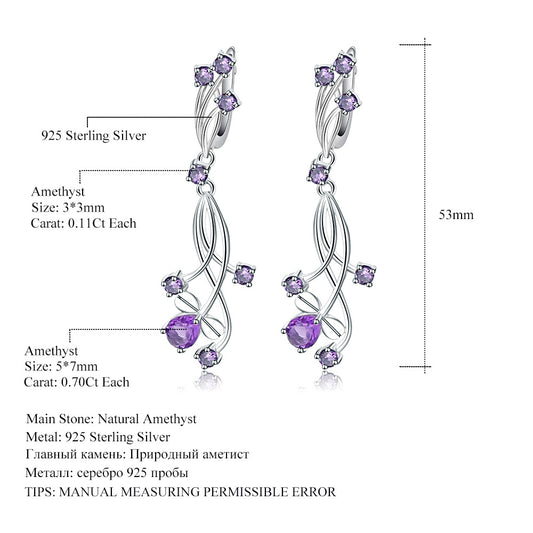 Natural Gemstones925Sterling Silver Earrings Luxury Design Light Luxury Jewelry Accessories Natural Amethyst Earrings Studs Drop Earrings