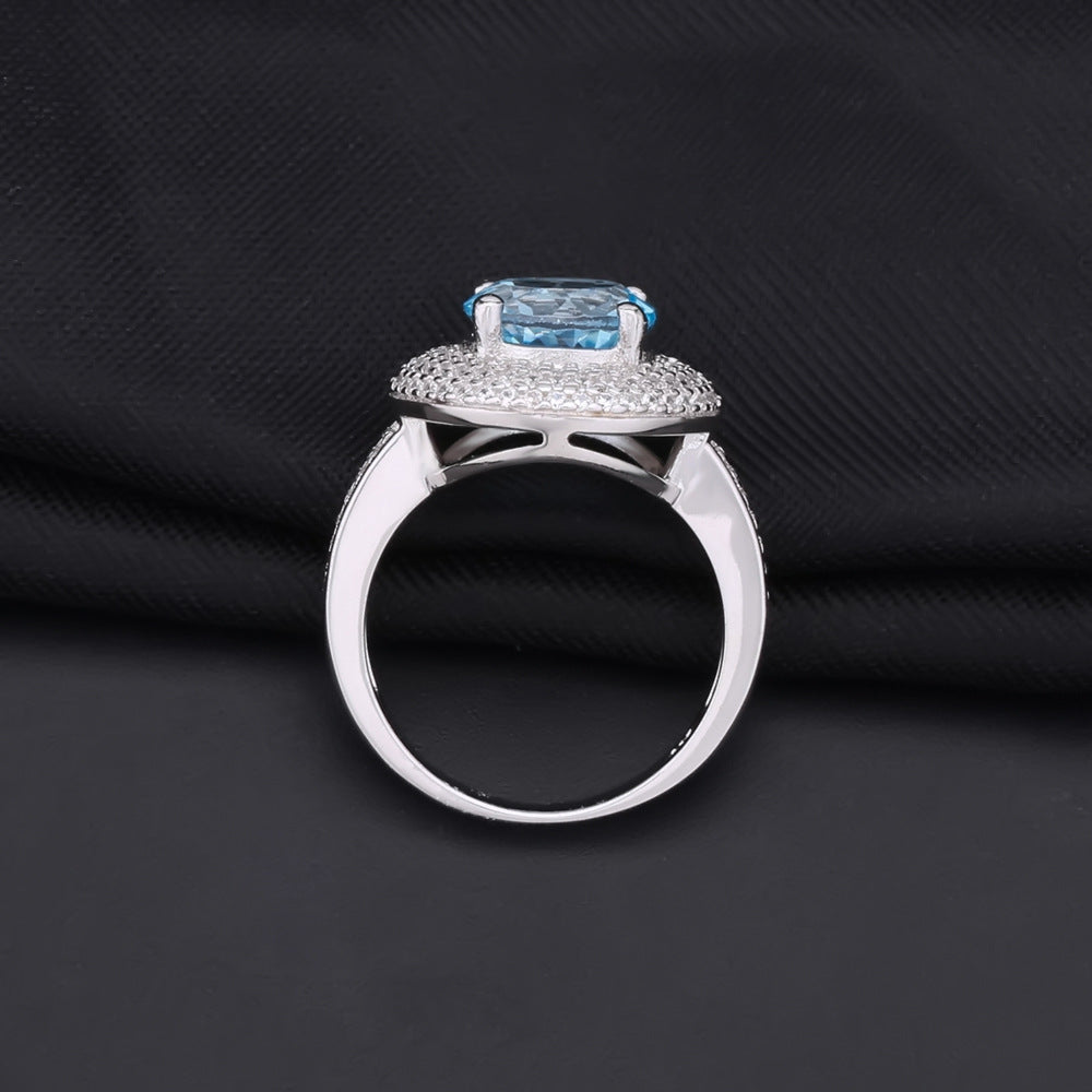 s925Silver Inlaid Natural Topaz Ring Fashionable Light Luxury High-End Cluster Inlaid Diamond Natural Gemstone Ring