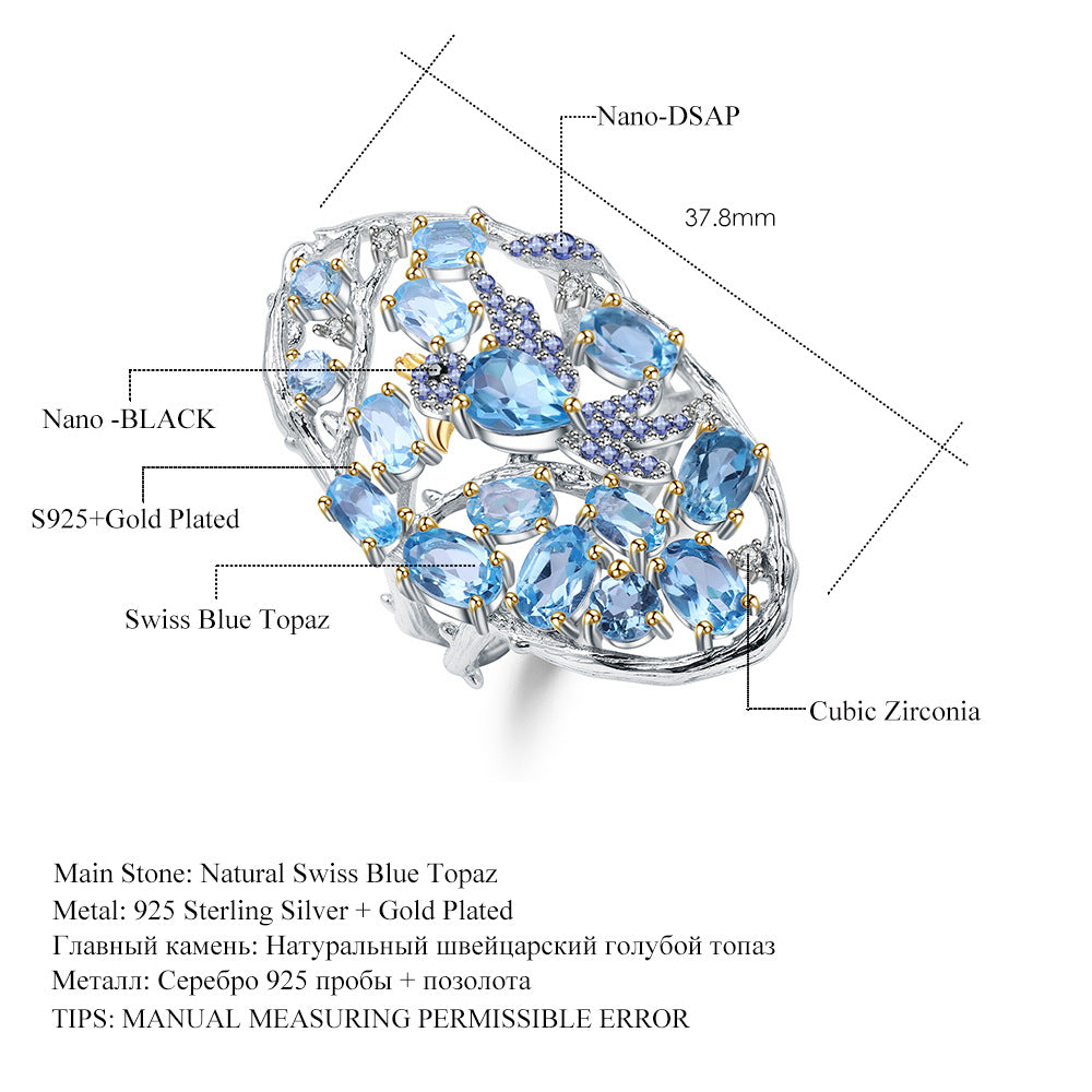 Secret Garden Designer Gemstone Ring Bird Design in the Bush s925Sterling Silver Natural Topaz Ring