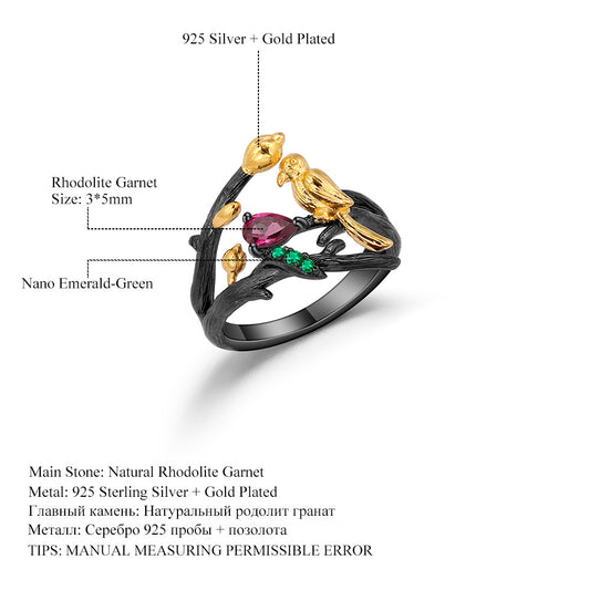 Italian Craft Designer Vintage Style Ring Natural Style Bird Design s925Silver Natural Rose Pomegranate Ring