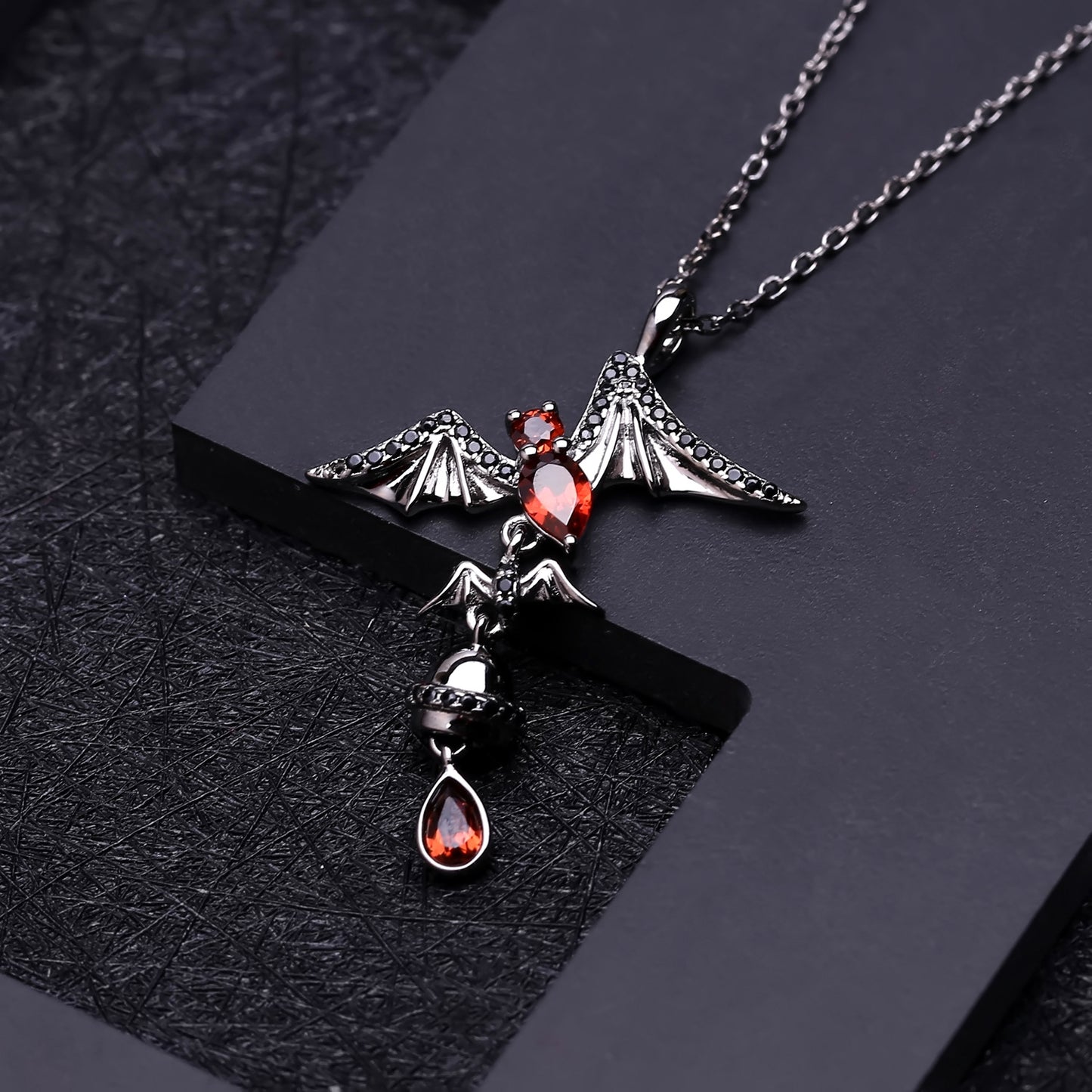 Dark Series Designer Pendant bat design s925Sterling Silver Inlaid Natural Garnet Necklace Pendant