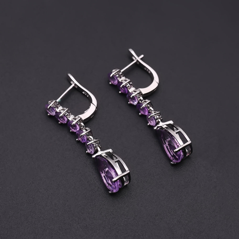 Luxurious High-End Natural Amethyst Earrings Banquet Matching s925Silver Inlaid Natural Gemstone Earrings