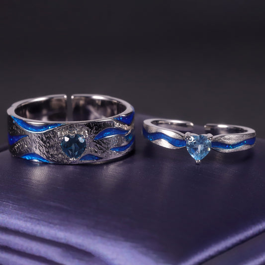 Designer Open Couple Rings Ocean Heart Natural Style Design s925Silver Natural Topaz Ring