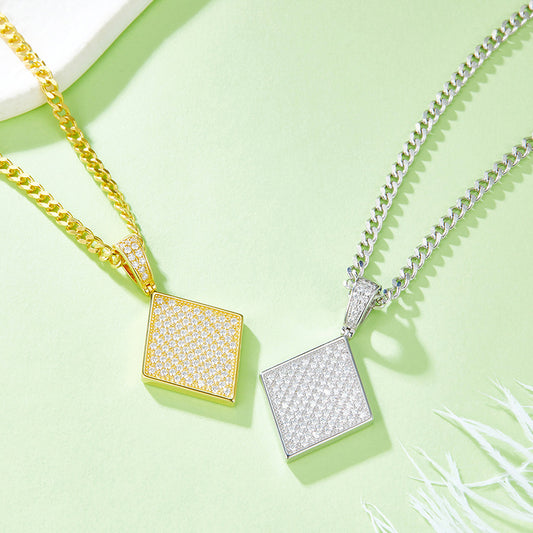 Unique Full Diamond s925Silver Inlaid Moissanite Necklace Diamond Shape Trendy Hot Hip-Hop Square Pendant