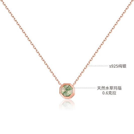 Unique s925Silver Inlaid Natural Water Grass Agate Necklace Exquisite Polygonal Moss Gemstone Necklace Clavicle Chain for Women
