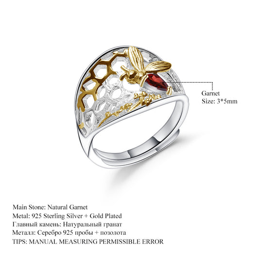 Designer Style Natural Wind Adjustable Open Ring Beehive Design s925Silver natural gemstone ring