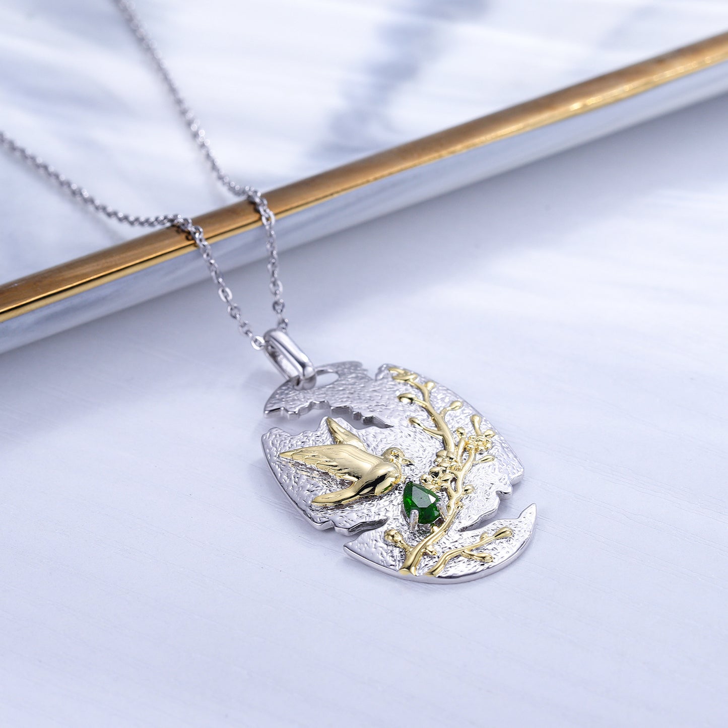 Original Design Niche Unique Pendant S925Sterling Silver Leaf Natural Translucent Chrysoprase Garnet Necklace