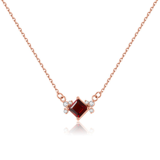 Korean Style Fresh Rhombus Gemstone Necklace Enhances Fairness s925Sterling Silver Plated18k Rose Gold Natural Garnet Necklace