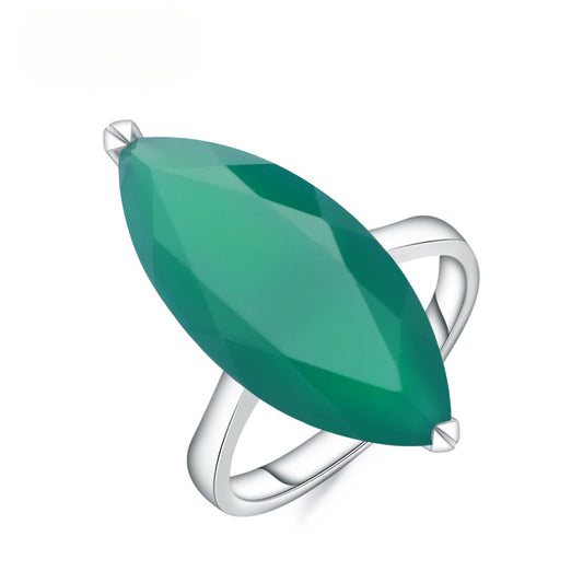 Marquise Green Agate Ring High-End Fashion s925Sterling Silver Inlaid Natural Gemstone Ring