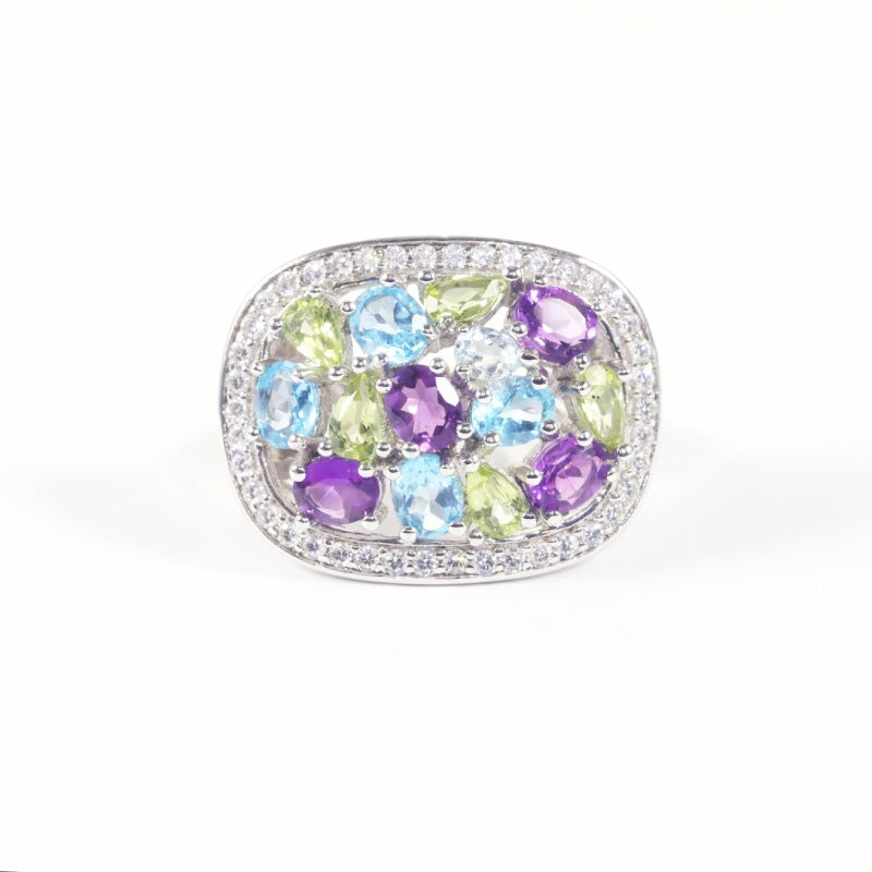 Exaggerated Large Ring Luxurious Cluster Inlaid Natural Topaz Ring s925Sterling Silver Rainbow Gemstone Ring