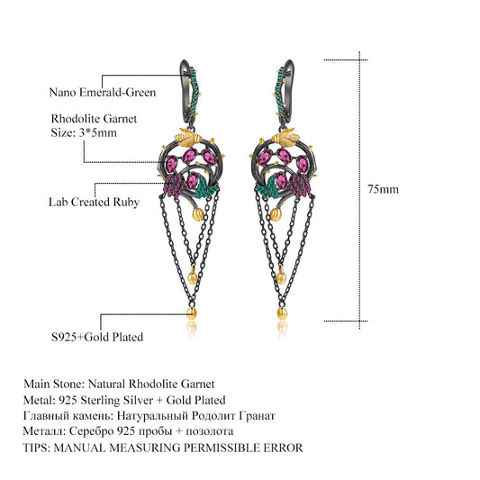 Secret Garden Designer Tassel Earrings Natural Style Design s925Silver Natural Rose Garnet Earrings