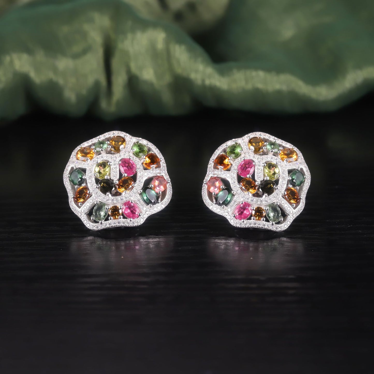 Unique Style Earrings s925Sterling Silver Inlaid Natural Colorful Gemstone Tourmaline Small Turtle Shell Shaped Earrings