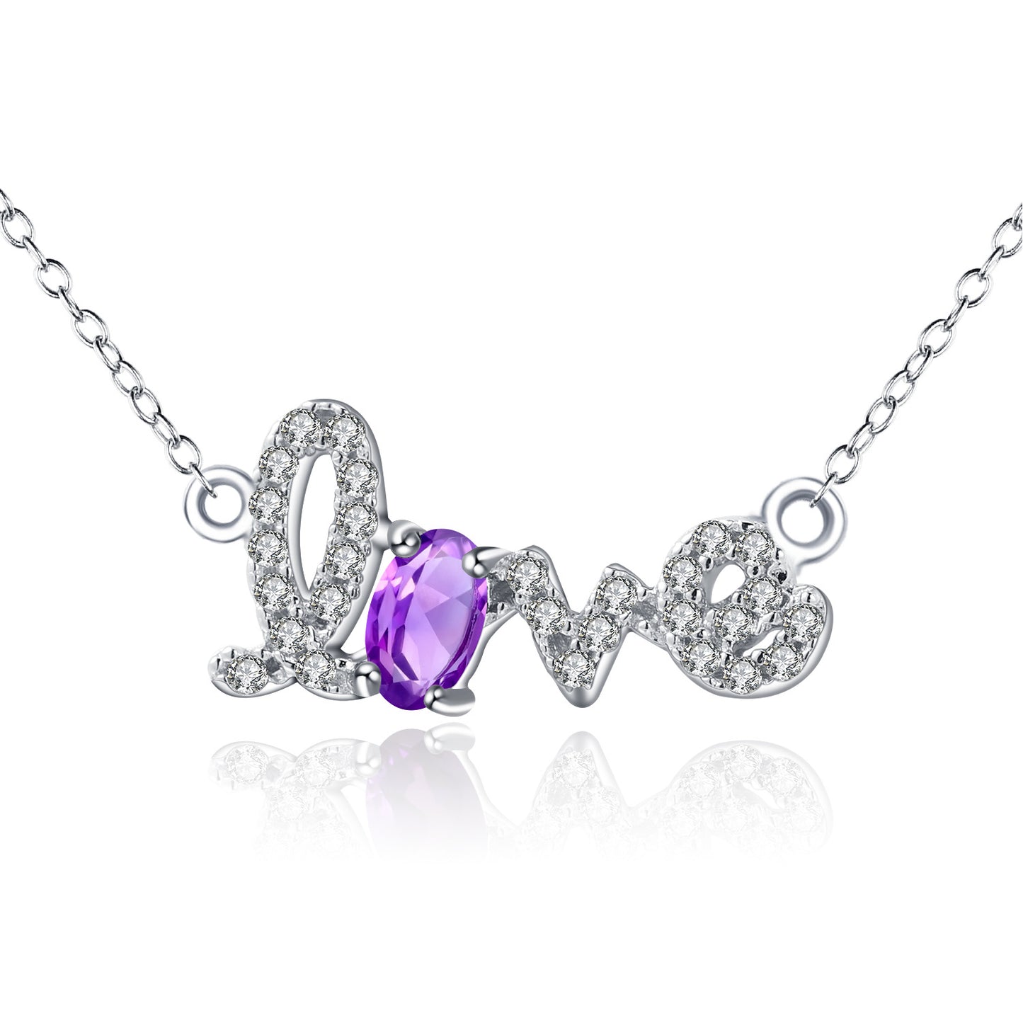 Design Sense Jewelry Natural Amethyst Pendant Natural Gemstone Inlay s925Silver LOVE Letter Necklace