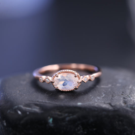 Jewelry S925Sterling Silver Inlaid Natural Moonstone Ring Fashionable and Elegant Light Luxury Rose Gold Ring