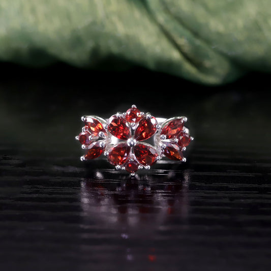 Luxurious Garnet Ring s925Sterling Silver Inlaid Natural Topaz Ring Floral Jewelry Women's Hand Accessory