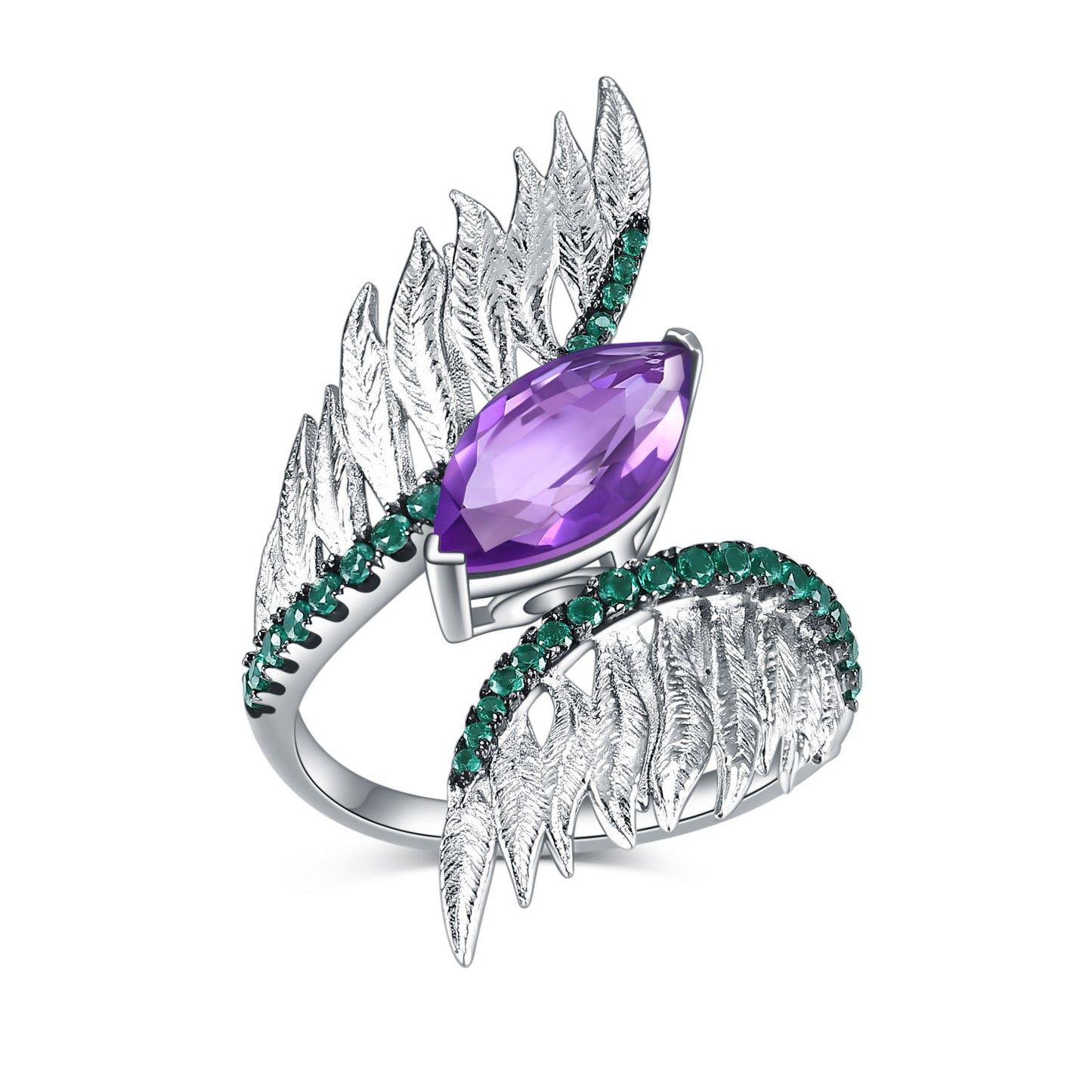 Designer Vintage Style Angel Wings Ring Italy s925Silver Inlaid Natural Gemstone Amethyst Ring