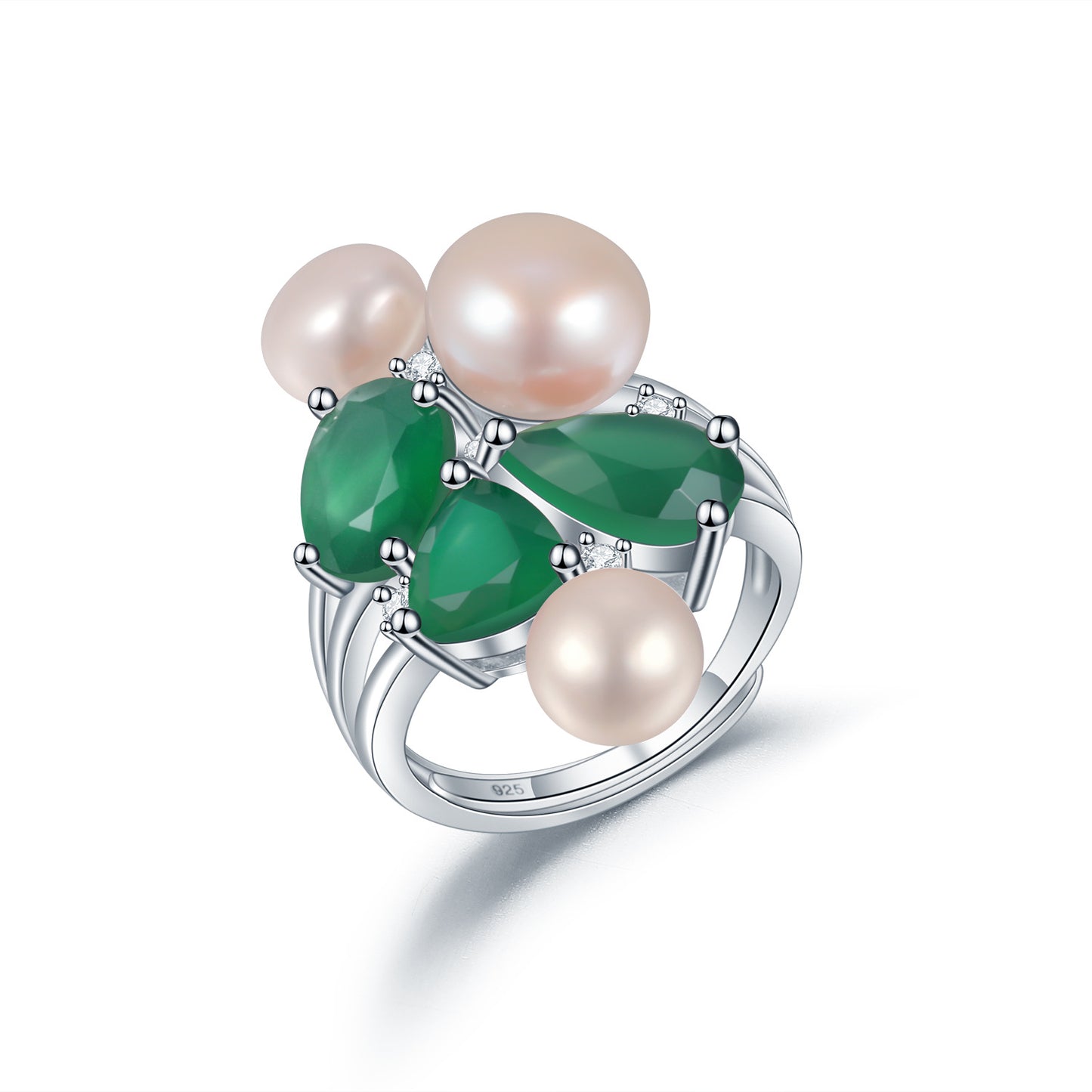 Designer Luxury Adjustable Ring with Unique High-End Design925Silver Natural Pearl Green Agate Ring