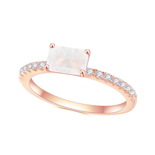 S925Sterling Silver Inlaid Gemstone Natural Moonstone Ring Fashionable and Elegant Simple Style Light Luxury Rose Gold Ring