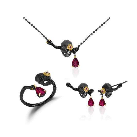Dark Style Designer Skull Jewelry Three-Piece Set Halloween Outfit925Silver Gemstone Ring Earrings Pendant