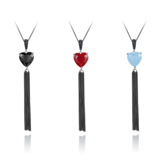 Designer Natural Gemstone Heart Tassel Pendant Sophisticated Design s925Silver Gemstone Necklace Pendant