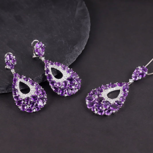 Luxurious Retro Style Natural Gemstone Jewelry Set Colorful s925Sterling Silver Inlaid Crystal Earrings Pendant Export