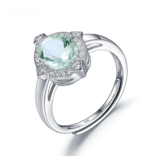 s925Silver Natural Green Amethyst Ring Adjustable Opening Fashionable Elegant Light Luxury Inlaid Natural Gemstone Ring