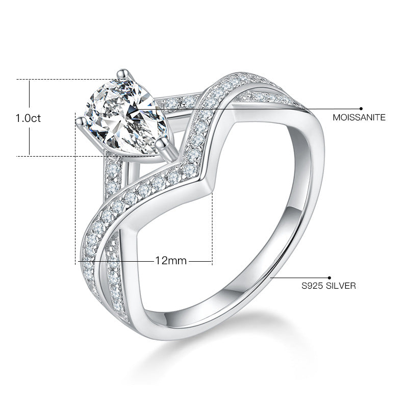 Light Luxury Niche Design V Zi Lock Love Water Drop Moissanite Ring s925Sterling Silver Inlaid Colorful Moissanite Ring