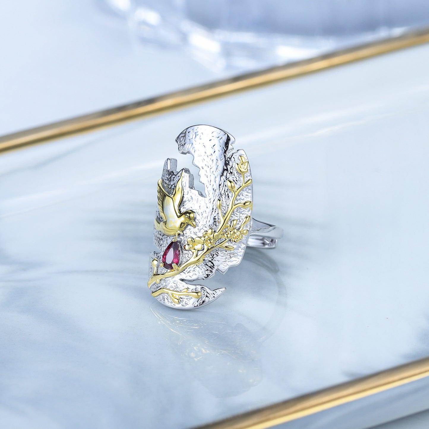 Designer model925Sterling Silver Gold-Plated Niche Design Ring Natural Translucent Green Chalcedony Garnet Ring