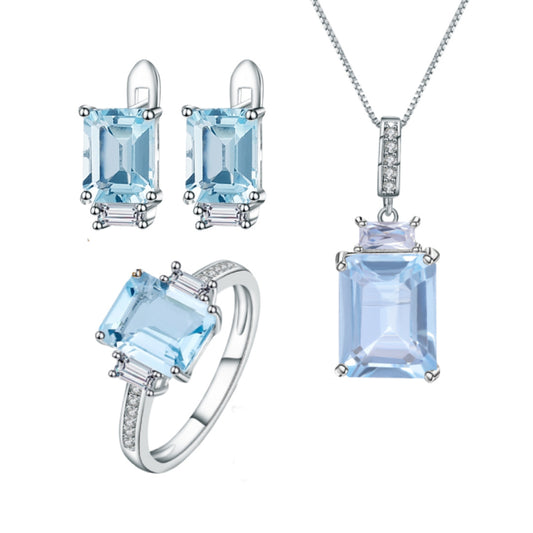 Classic casual Topaz Jewelry Set s925Sterling Silver Inlaid Gemstone Earrings Pendant ins Wind Ring