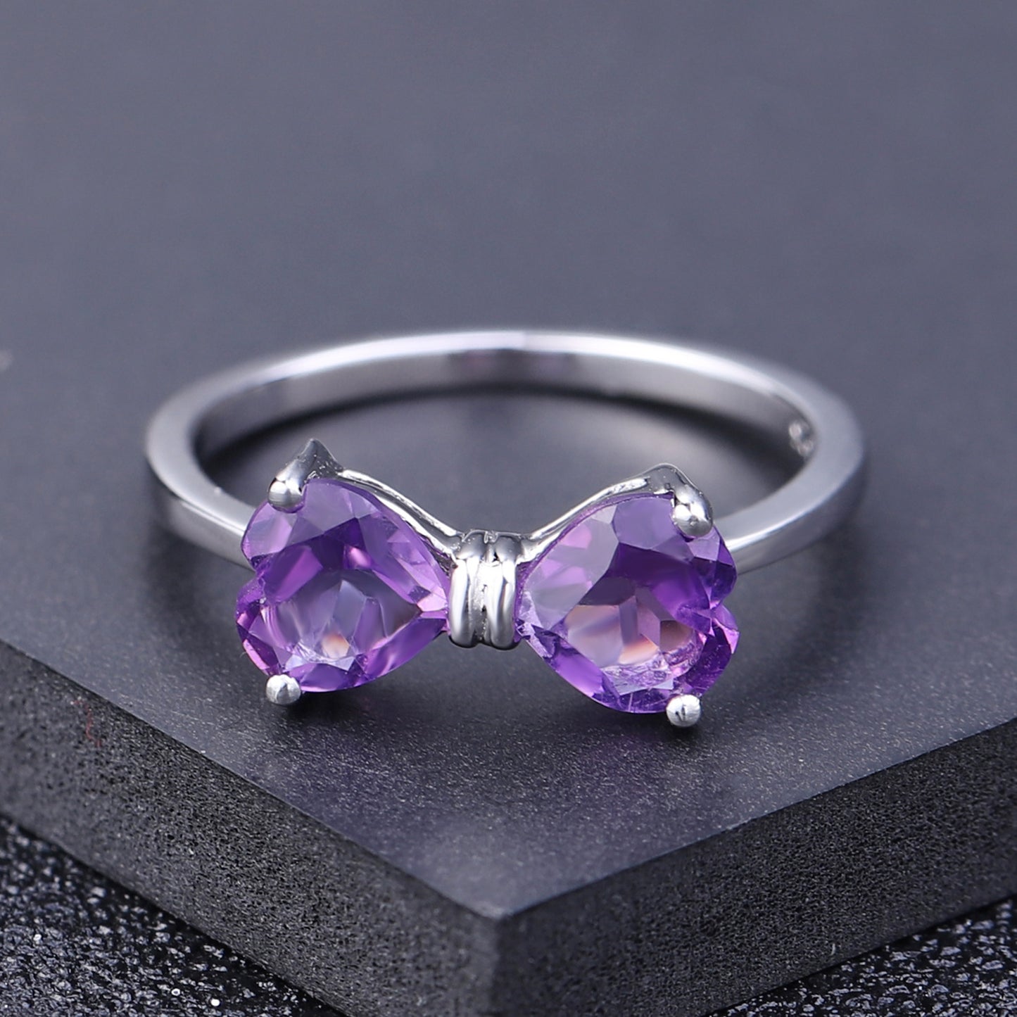 Heart Gemstone Bowknot Ring for Women Vintage Inlaid with Natural Stone s925Silver Amethyst Ring