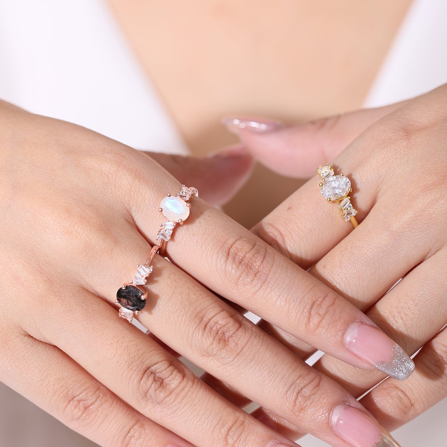 Affordable luxury fashion S925Sterling Silver Inlaid Natural Moonstone Ring Elegant Classic Gemstone Rose Gold Ring