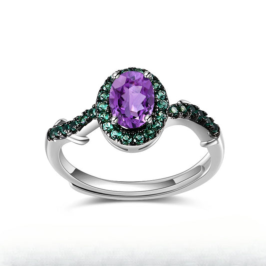 Thorn Bud Designer Adjustable Open Ring s925Silver Inlaid Natural Gemstone Amethyst Ring