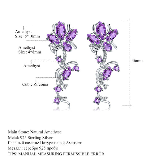 Designer Natural Amethyst Earrings Drop Earrings Natural Style Design s925Silver Inlaid Natural Gemstone Earrings