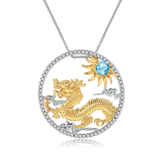 Designer Chinese Style Element Pendant Twelve Zodiac Series Dragon 925Silver Natural Gemstone Necklace Pendant