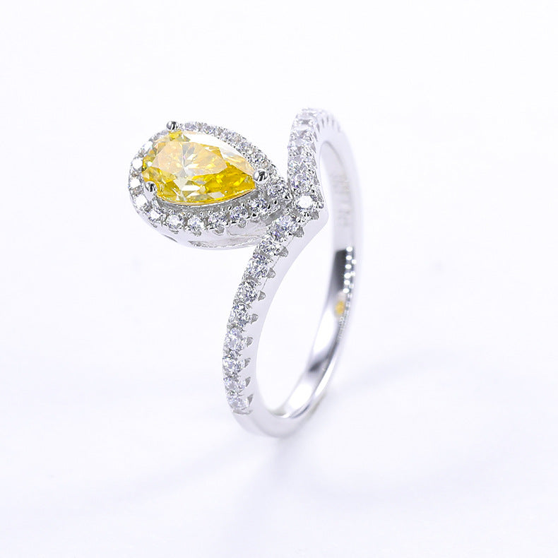 Fashion Crown Water Drop V Shaped Ring s925Silver1Carat Colorful Moissanite Ring Wholesale
