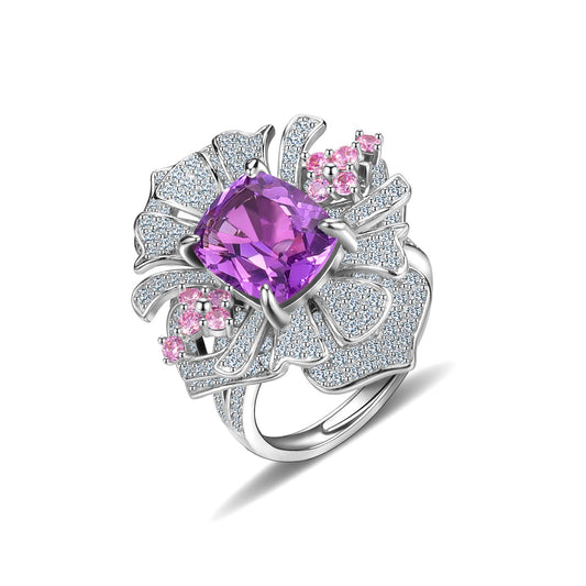 Statement Gemstone Ring with Large Carat Size s925Sterling Silver Natural Topaz Purple Yellow Crystal Ring Luxurious