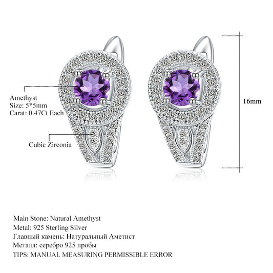 Natural Stone Earrings Vintage Personality Colorful Gemstones s925Silver Amethyst Earrings