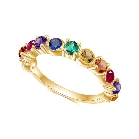 S925Sterling Silver Inlaid with Colorful Gemstone Ring Set Light Luxury Fashionable Elegant Simple Plated14k Golden Rainbow Nano Ring