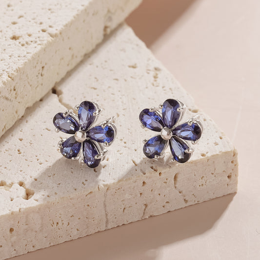 Five-petal Flower Earrings New Style High-end Feel s925Sterling Silver Inlaid Cultivated Sapphire Royal Blue Stud Earrings ins Wind
