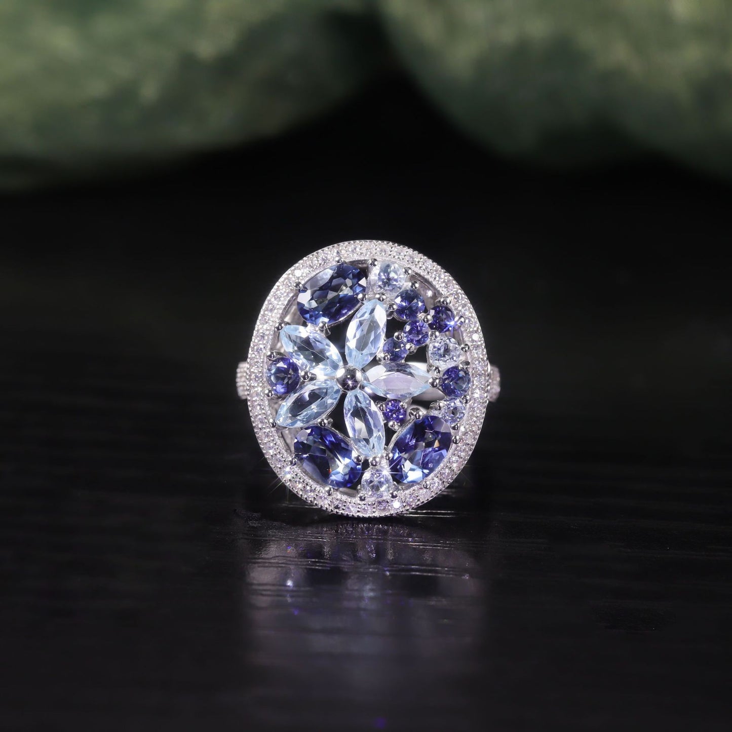 Wind Ring s925Sterling Silver Plated18k Gold Natural Amethyst Cluster Inlaid Mixed Gemstone Ring Jewelry