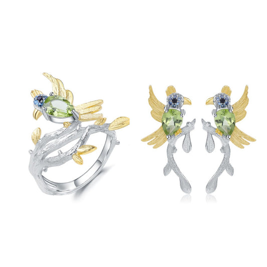 Designer High-End Natural Peridot Jewelry Set Magpie Chinese Style925Silver Ring Earrings