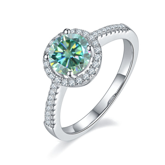 Green Moissanite1Carat Round Inlaid Ring Set GRA Certificate of Light Luxury Fashion s925Silver Gemstone Ring