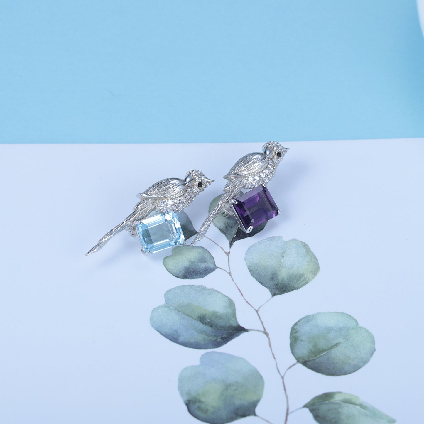 Designer High-End Natural Gemstone Jewelry Set Bird Design925Silver Ring Earrings Pendant