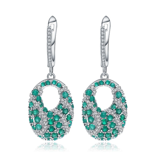 Unique Natural Green Agate Earrings Retro Design s925Silver Inlaid Natural Sapphire Earrings