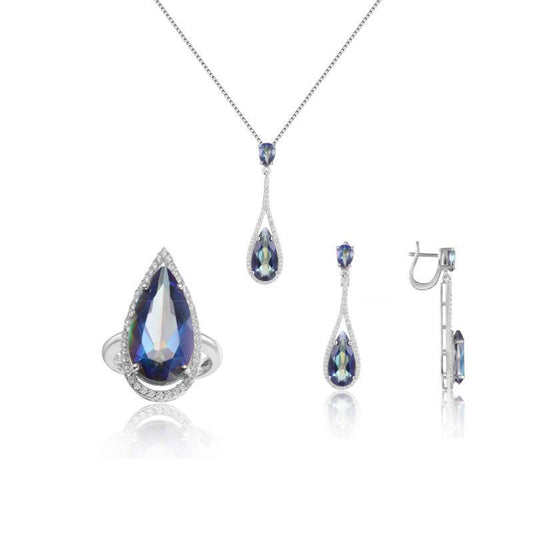 Colorful Crystal Jewelry Water Drop Pear Shape Gemstone Set S925Sterling Silver Crystal Ring Earrings Pendant