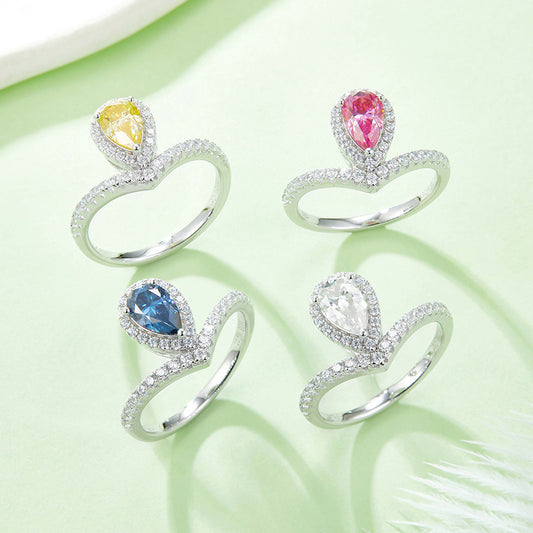 Fashion Crown Water Drop V Shaped Ring s925Silver1Carat Colorful Moissanite Ring Wholesale